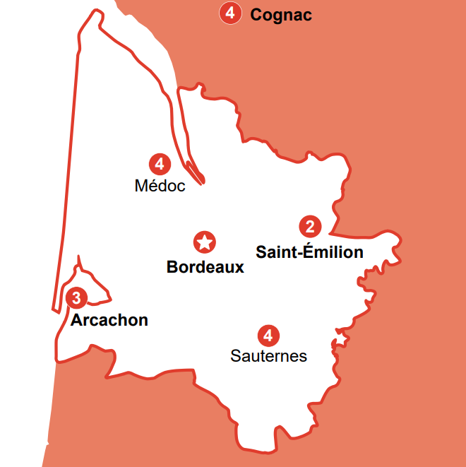 Map of the 4-day / 3-night itinerary around Bordeaux